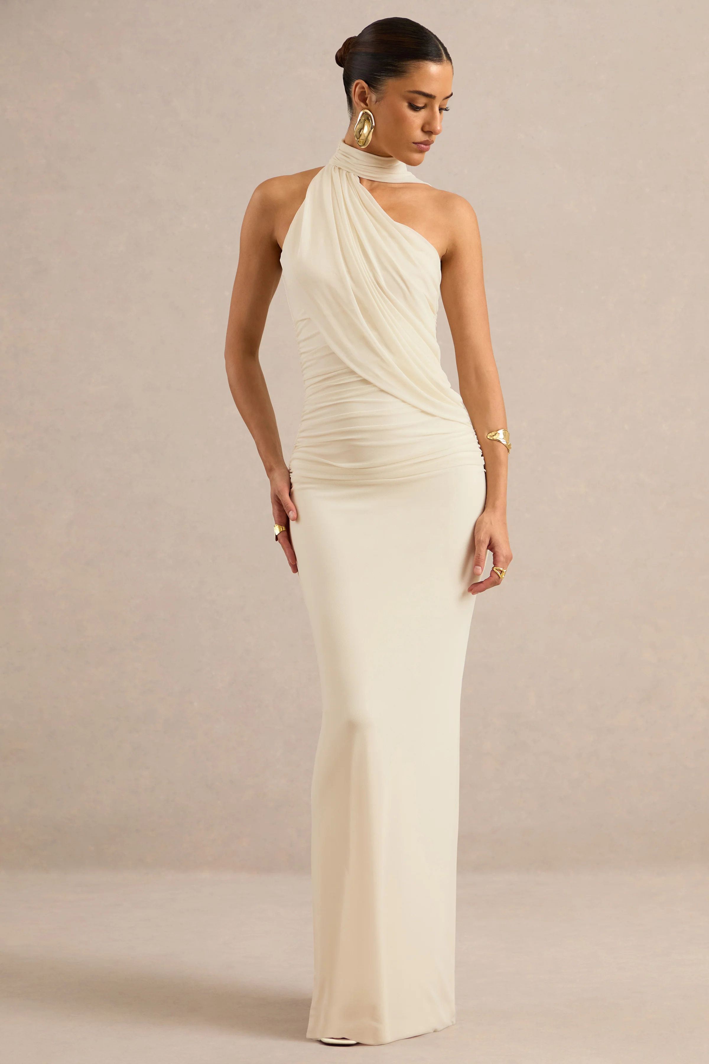 Gelsey | Cream Mesh High Neck Ruched Maxi Dress With Scarf Detail