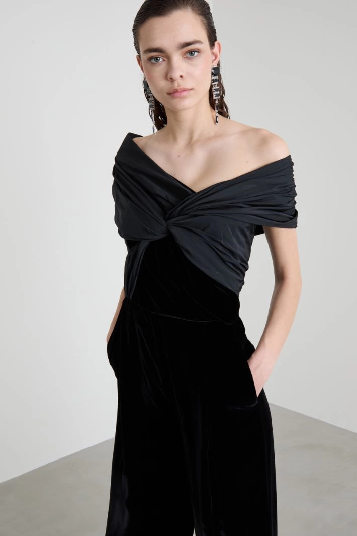 Micro-faille and velvet jumpsuit - BLACK