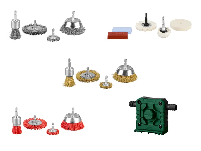 Jeu de brosses métalliques / Jeu de polissage / Jeu de brosses en nylon / Pompe pour perceuse, 4 pièces / 7 pièces / 1 pièce