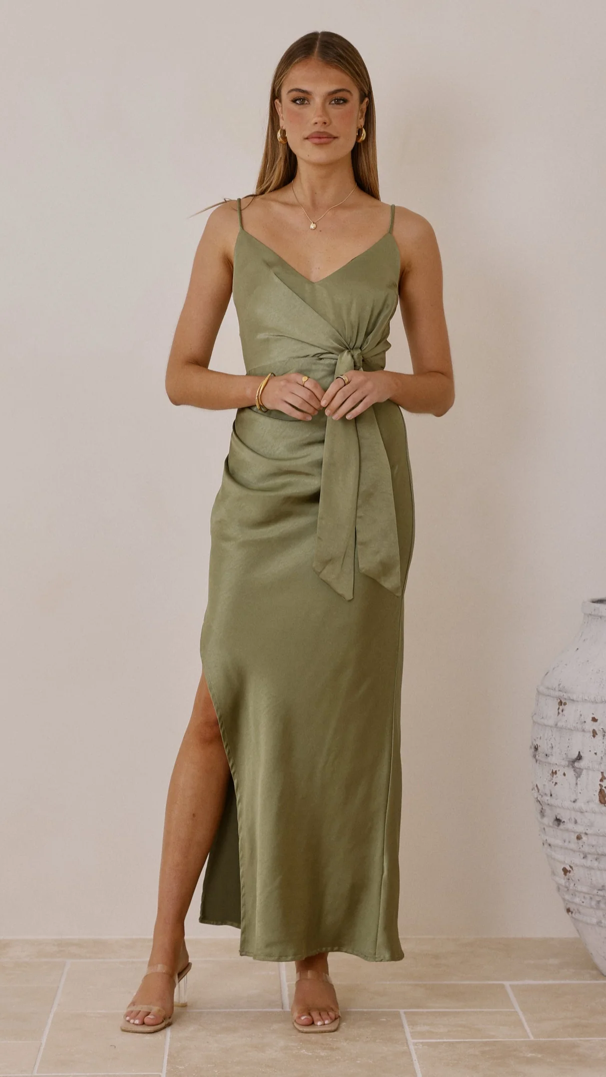 Yasmeen Tie Front Maxi Dress - Olive