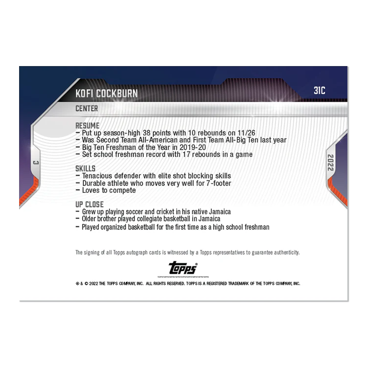 On-Card Auto # to 25 - Kofi Cockburn - 2022 Bowman NEXT TOPPS NOW® Basketball Card 31C