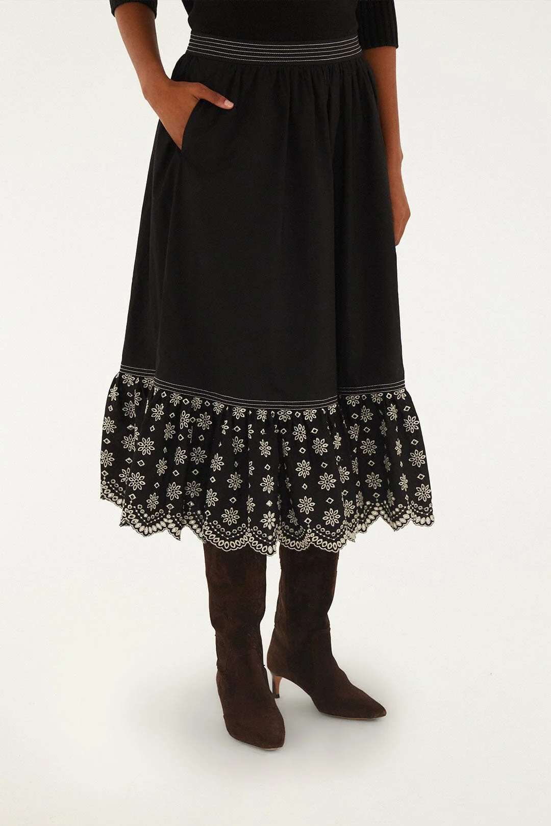 Black Richelieu Ruffled Midi Skirt