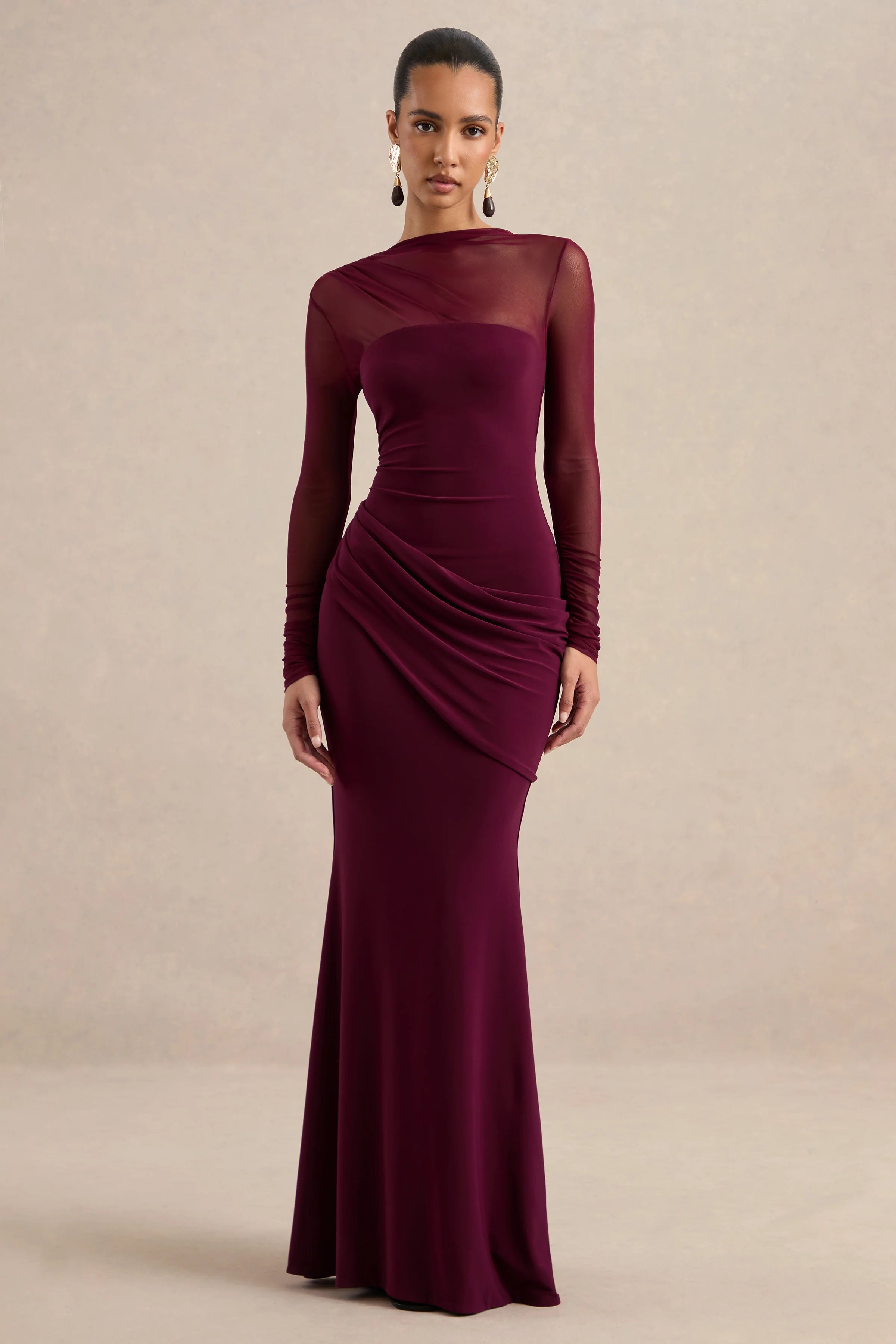 Deema | Burgundy Jersey High Neck Long Sleeve Maxi Dress With Ruching