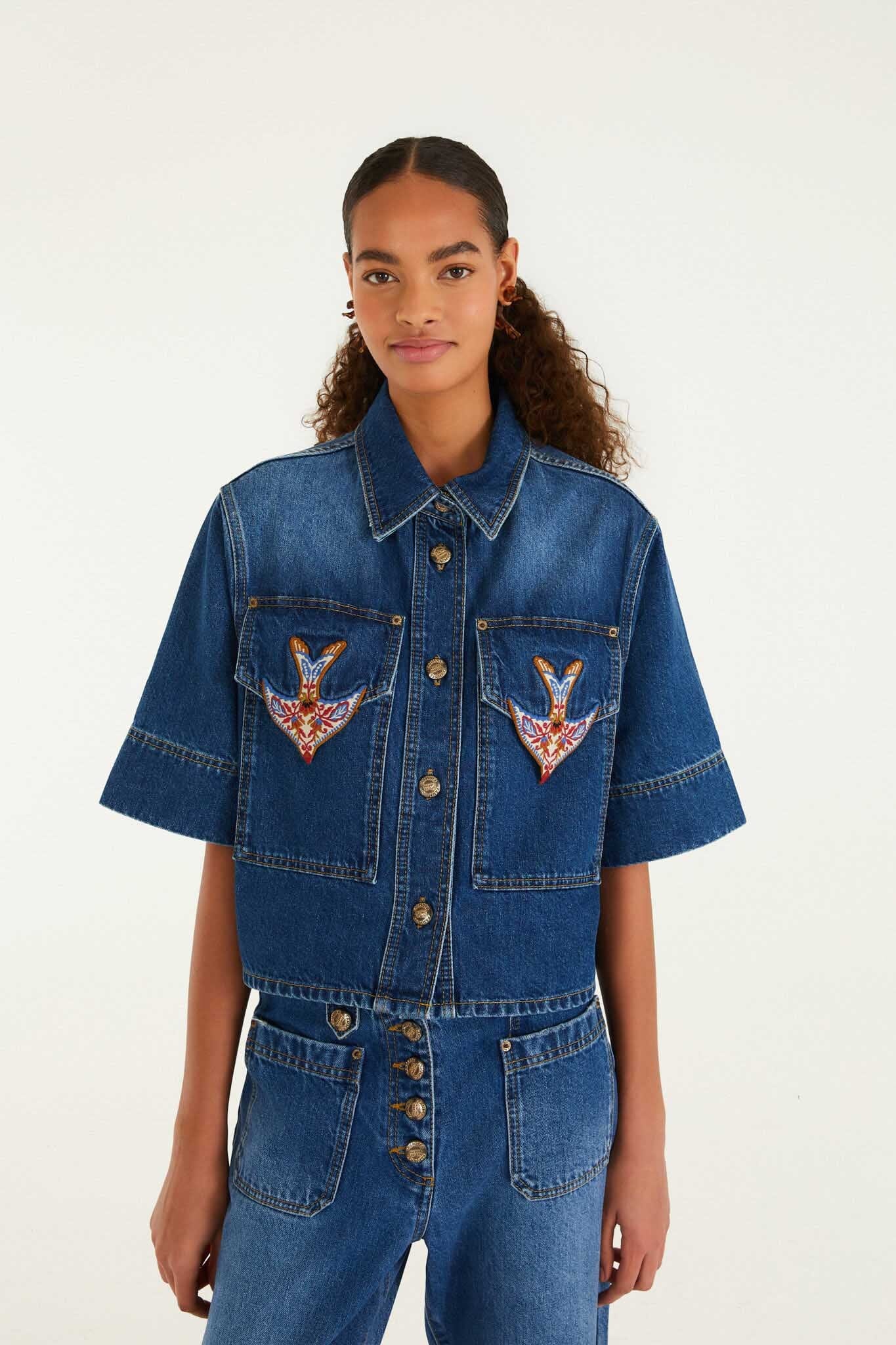 Denim Porcelain Birds Embroidered Shirt