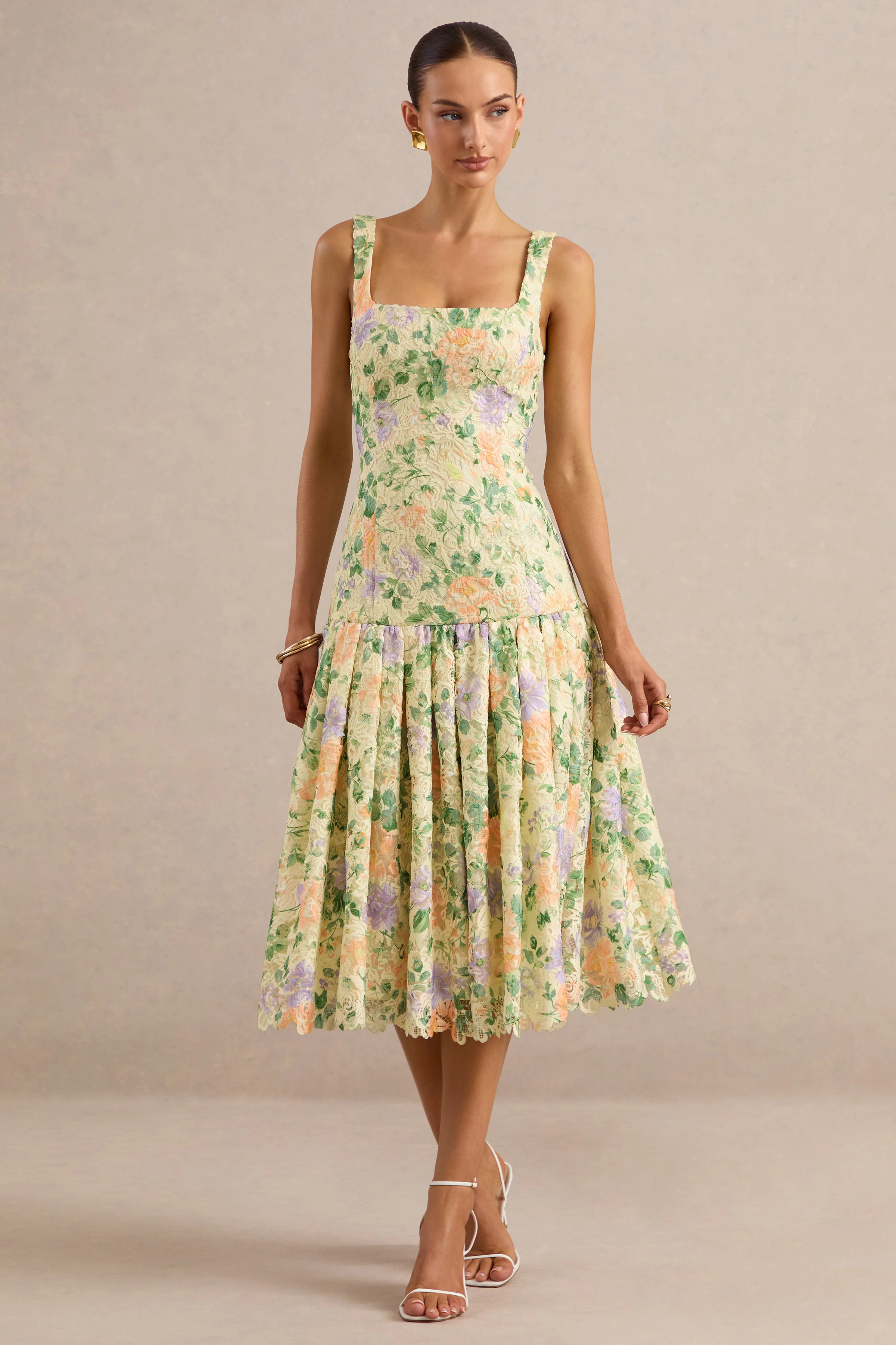 Lumara | Lemon Floral Print Lace Square-Neck Midi Dress With Drop Waist