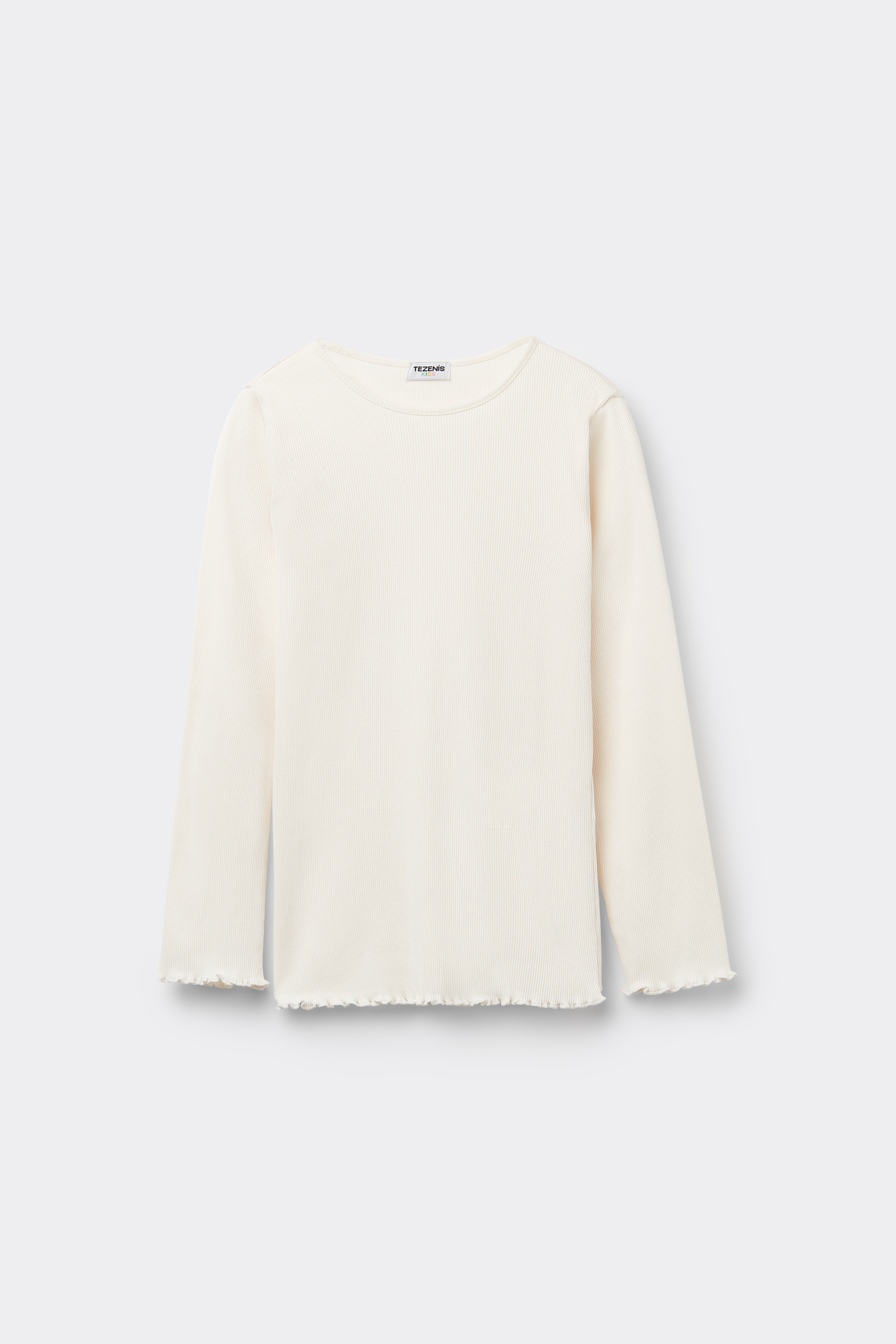 Girls’ Long Sleeve Ribbed Round-Neck Top with Rolled Hem