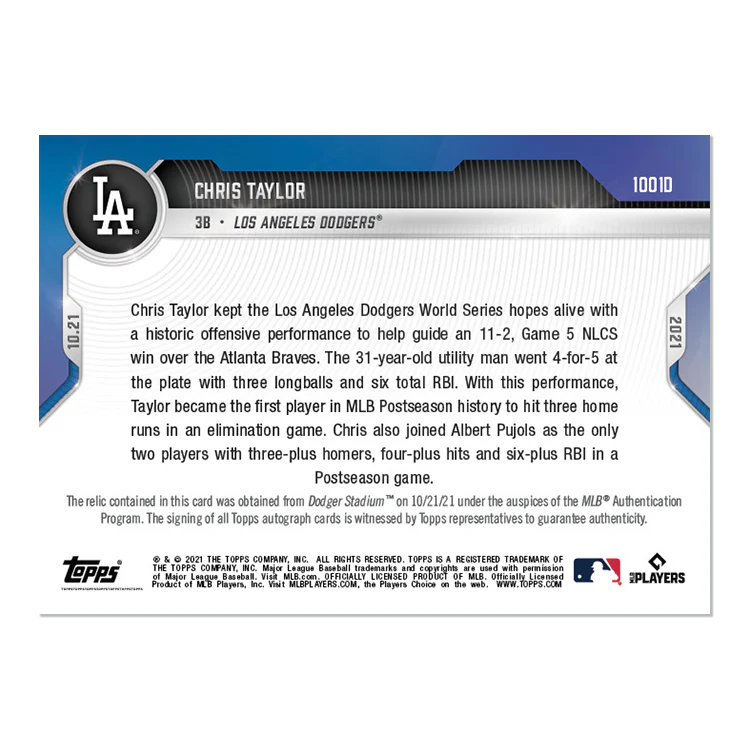 On-Card Auto-Relic # to 10 - Chris Taylor - 2021 MLB TOPPS NOW® Card 1001D
