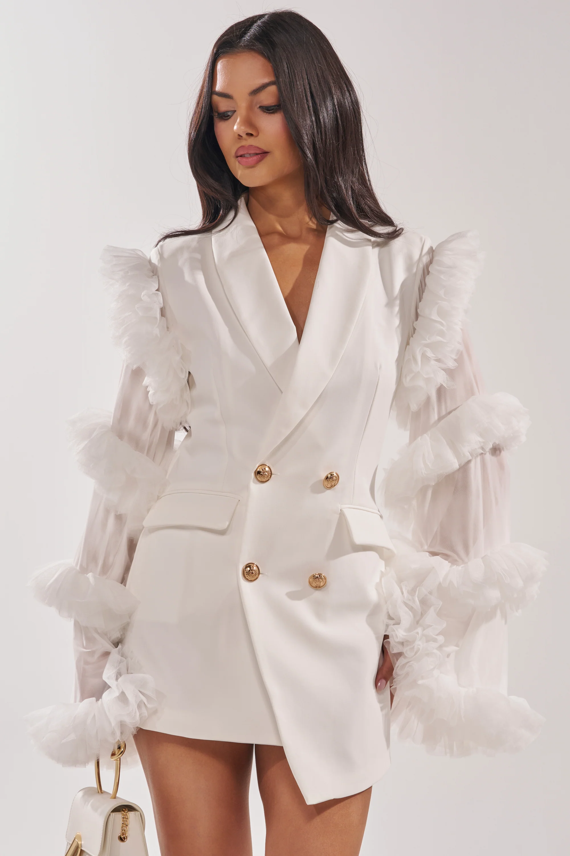Living Over The Top Ruffle Sleeve Blazer Mini Dress In White