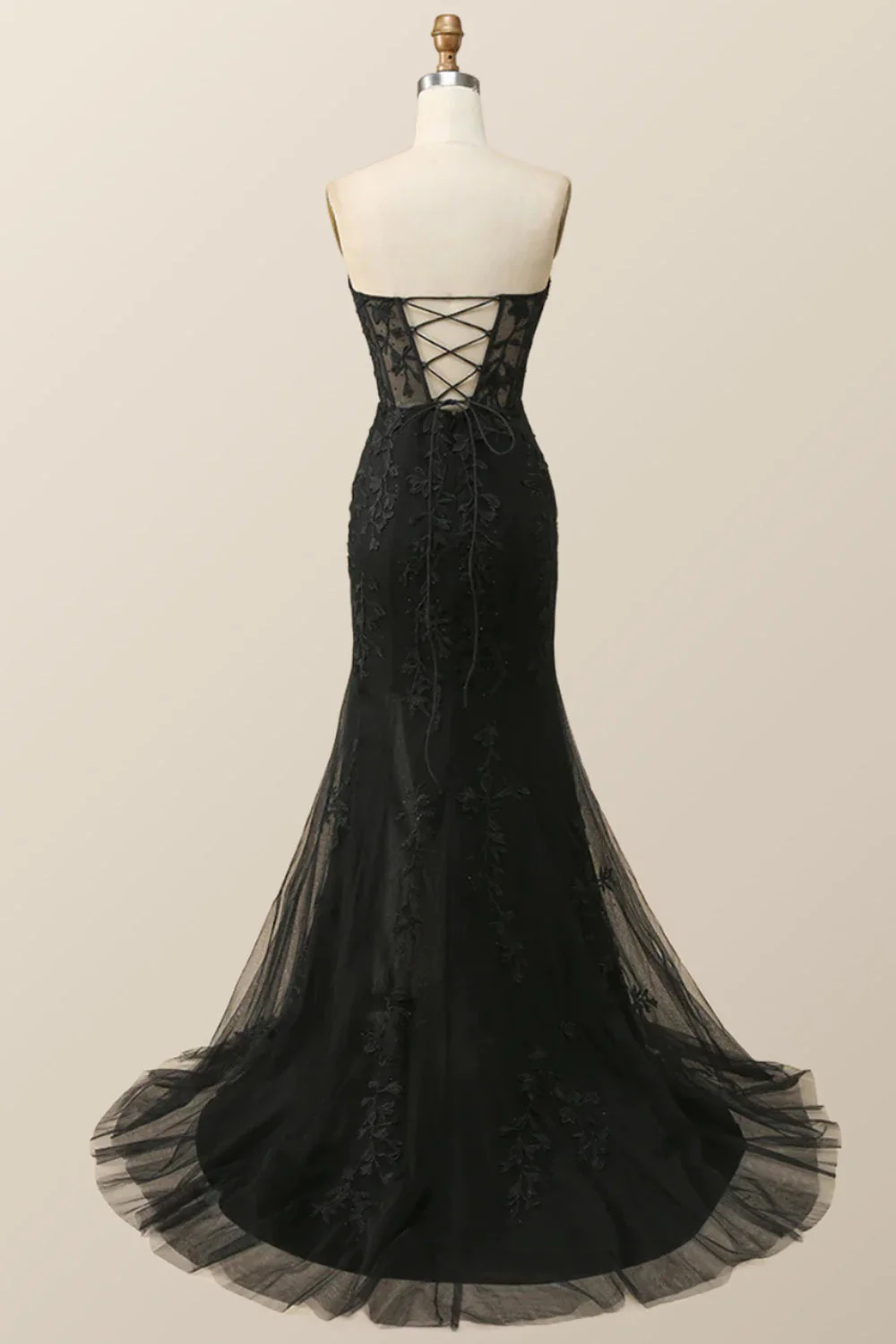 Strapless Black Lace Mermaid Long Prom Dress