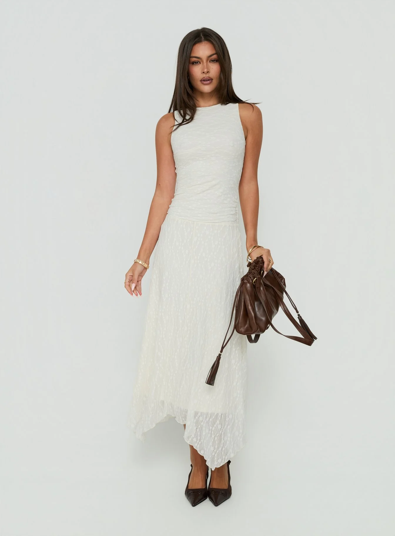 Enzina Lace Hanky Hem Maxi Dress Cream