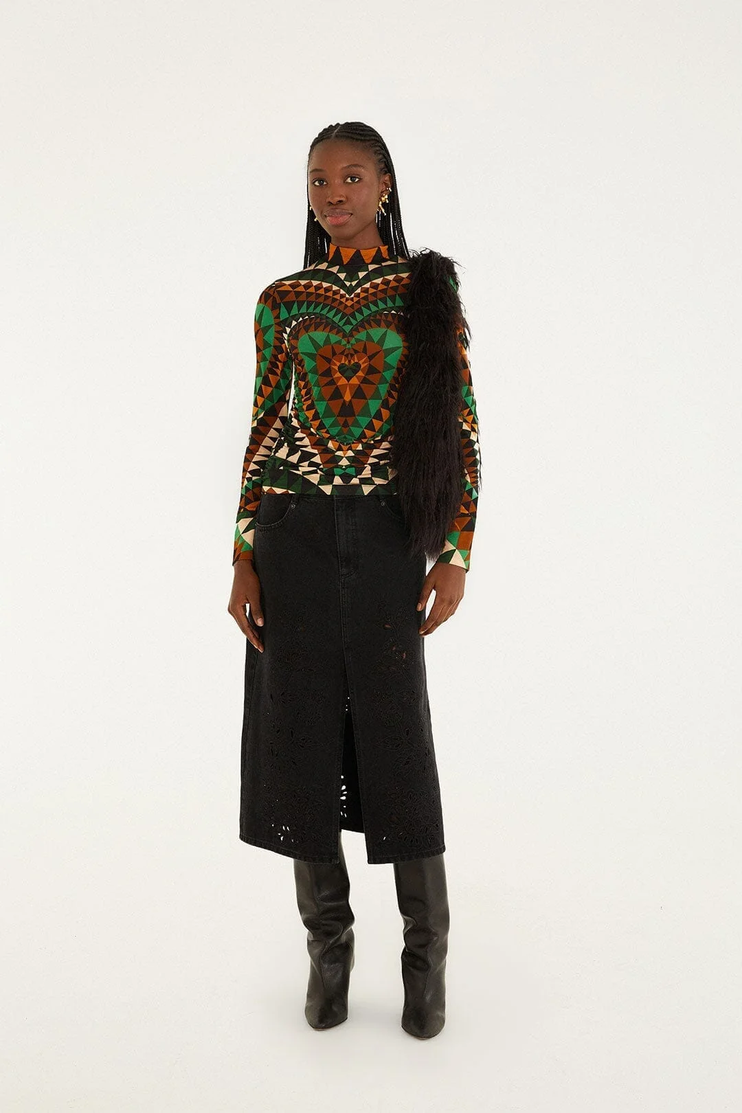 Black Denim Richelieu Front Slit Midi Skirt