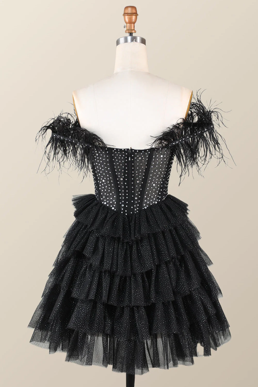 Feather Off the Shoulder Beaded Black Tiered Short Dress