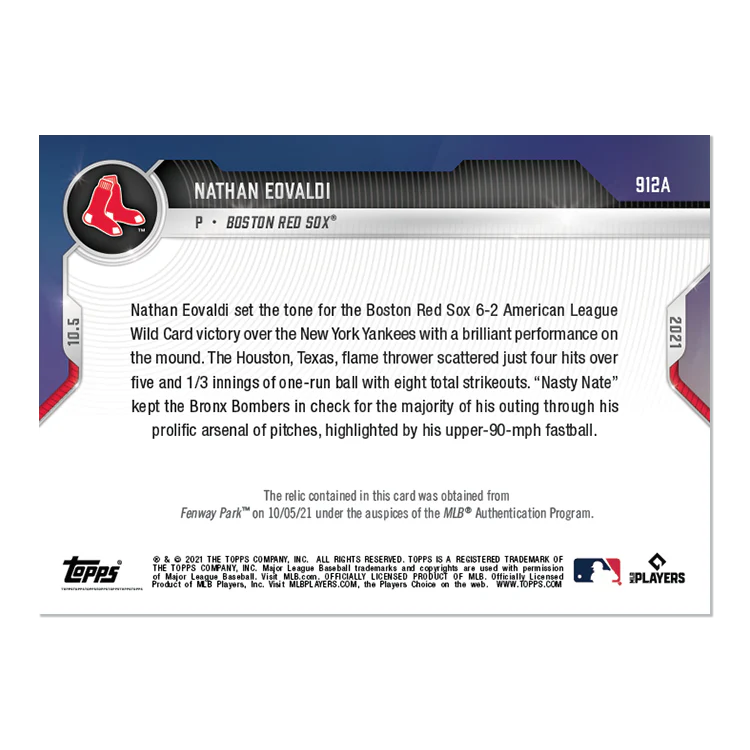 Game-used Ball Relic # to 10 - Nathan Eovaldi - 2021 MLB TOPPS NOW® Card 912A