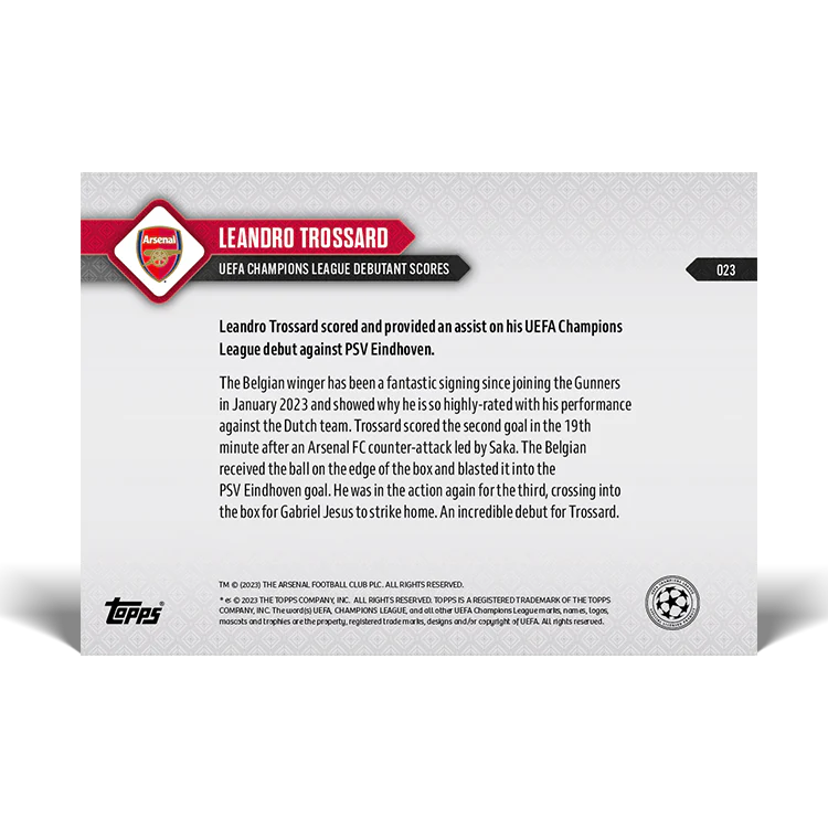 Topps UK - Leandro Trossard - UEFA Champions League debutant scores - UCL TOPPS NOW® Card #23