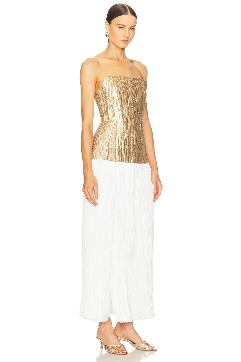 Strapless Straight Neck Sequin Dress W/ Plisse Skirt