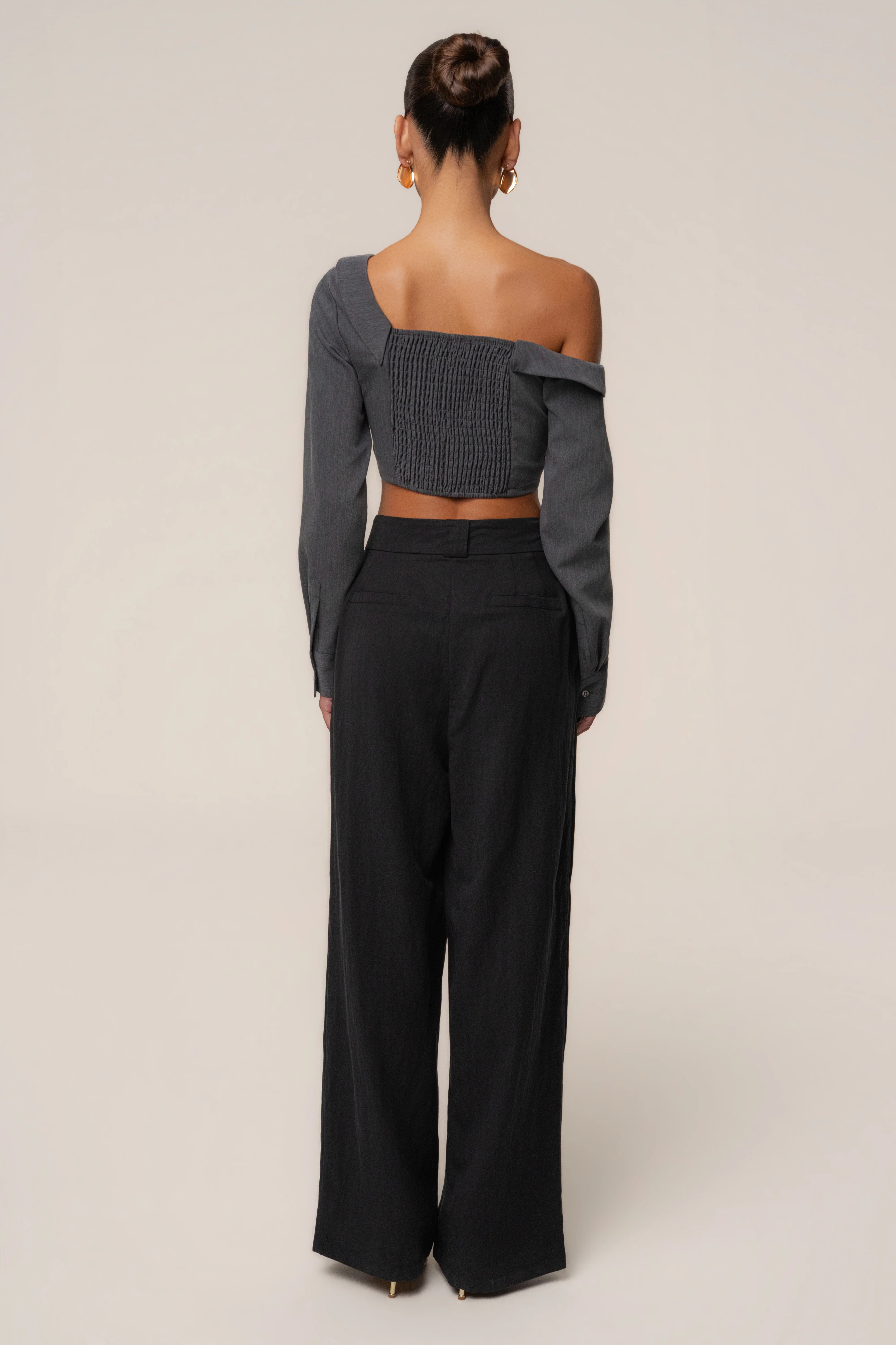 Grey Off-Shoulder Twist Crop Top
