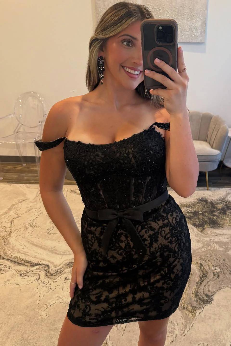 Straps Blue Lace Appliques Short Dress with Belt