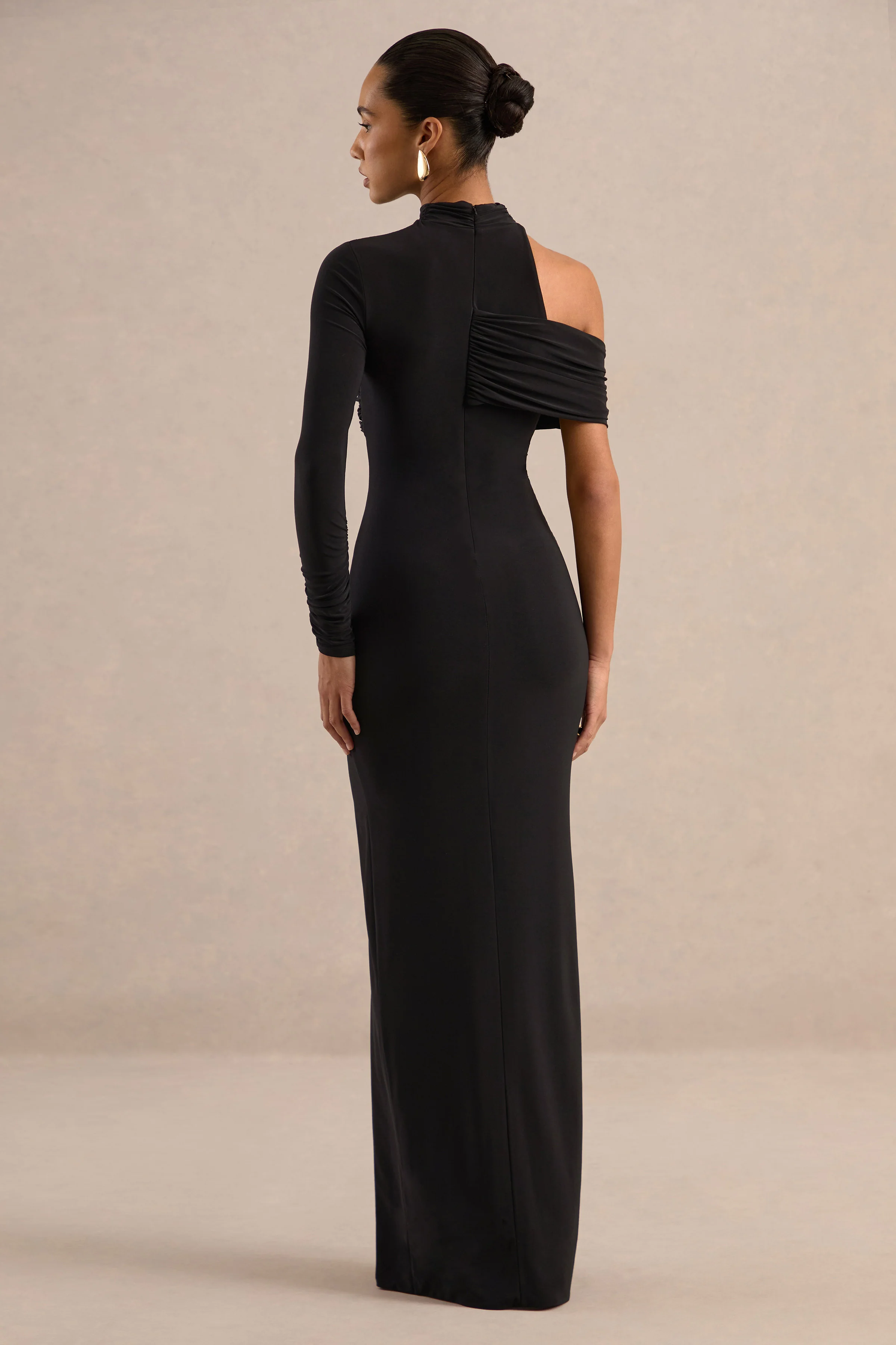 Valeska | Black Jersey Ruched High Neck Long Sleeve Maxi Dress With Split