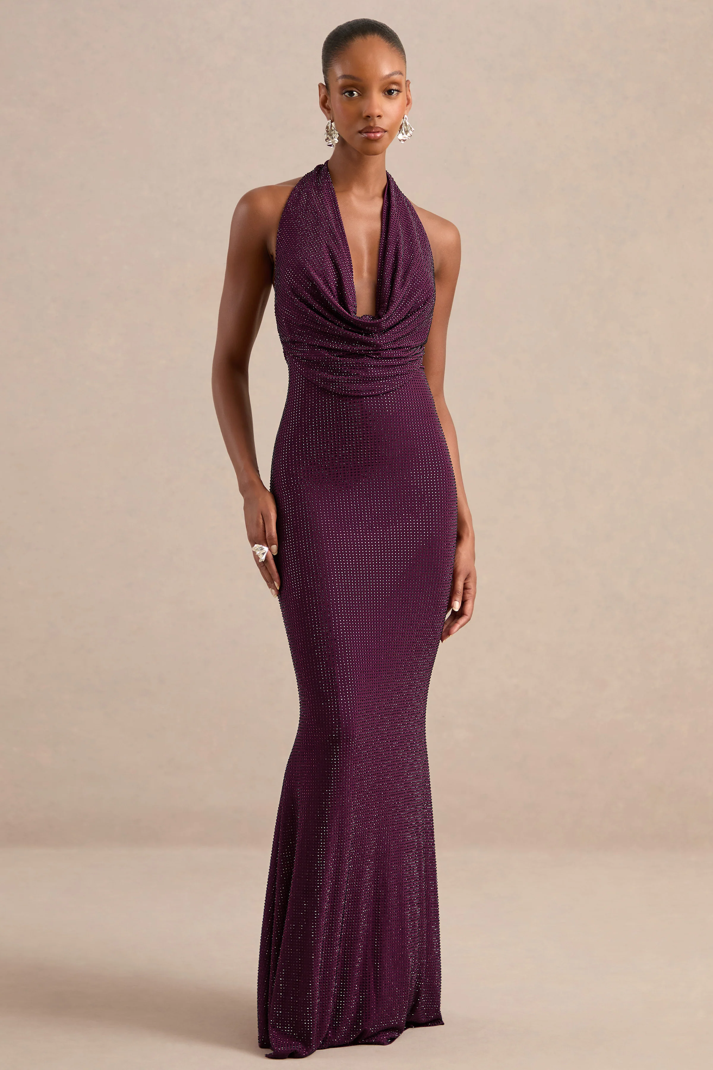 Aleia | Purple Embellished Plunge Maxi Dress With Low Back