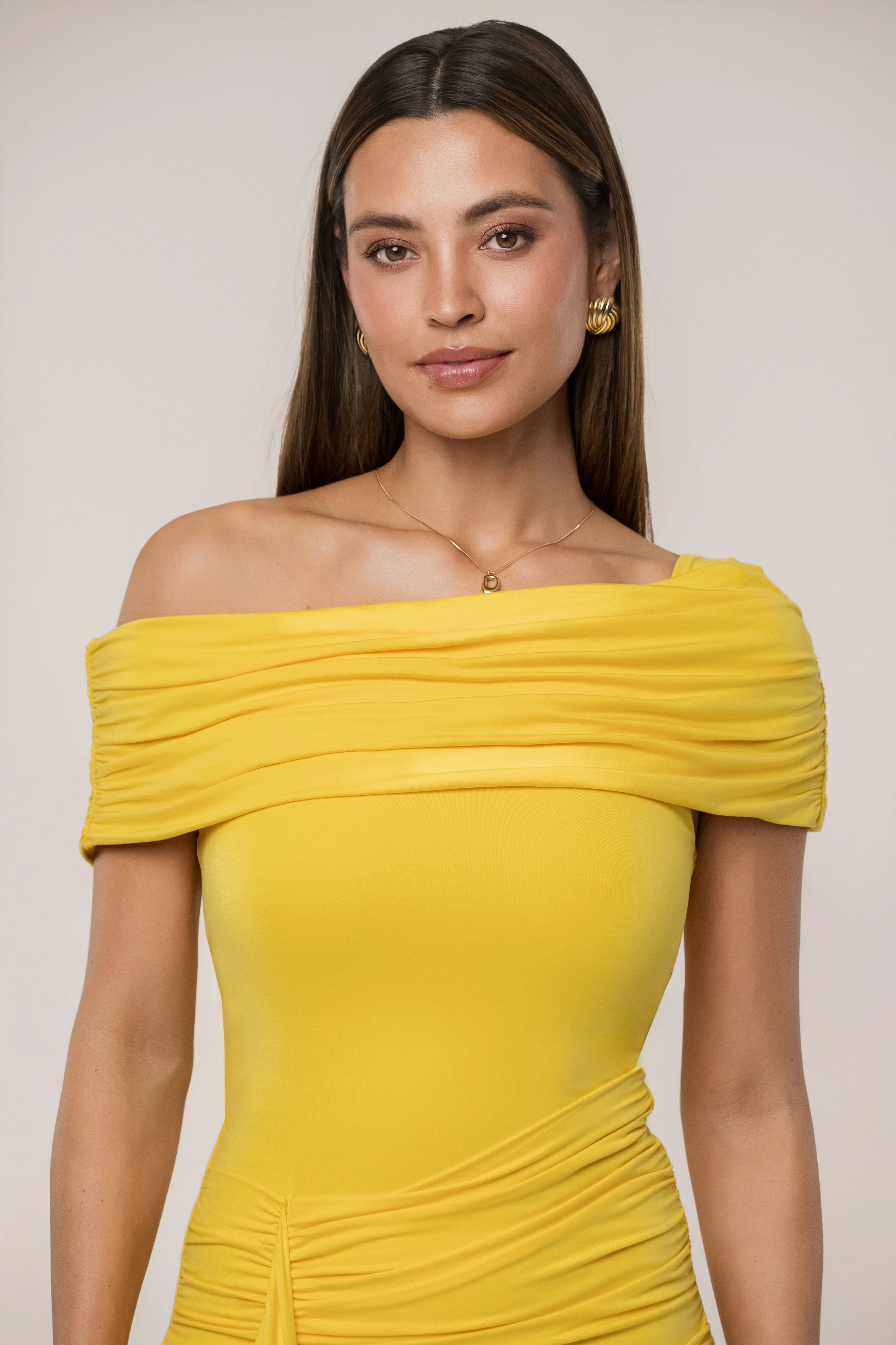 Yellow Off The Shoulder Drape Dress