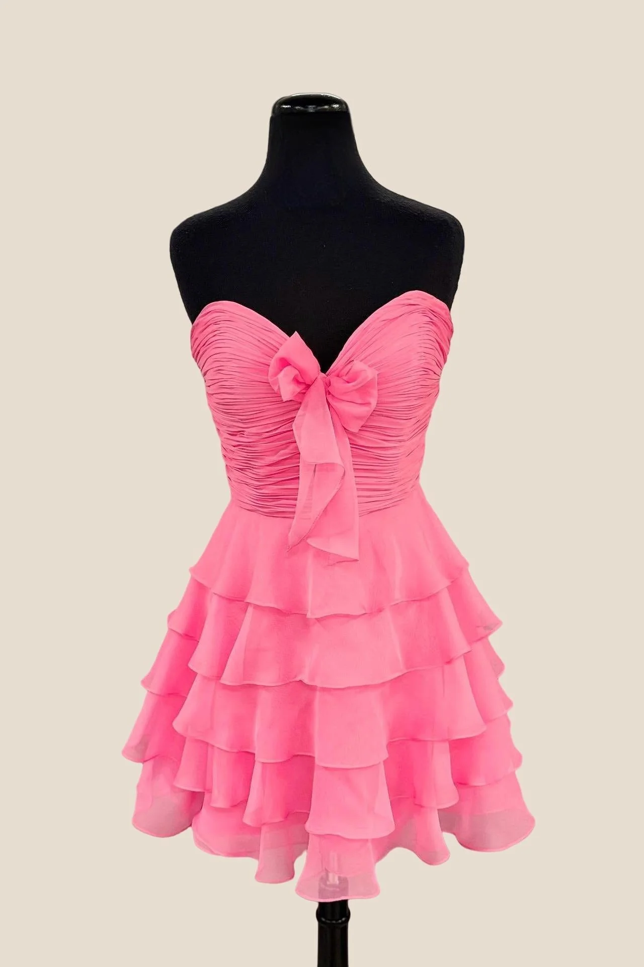 Strapless Red Chiffon Bow Ruffle Short Dress