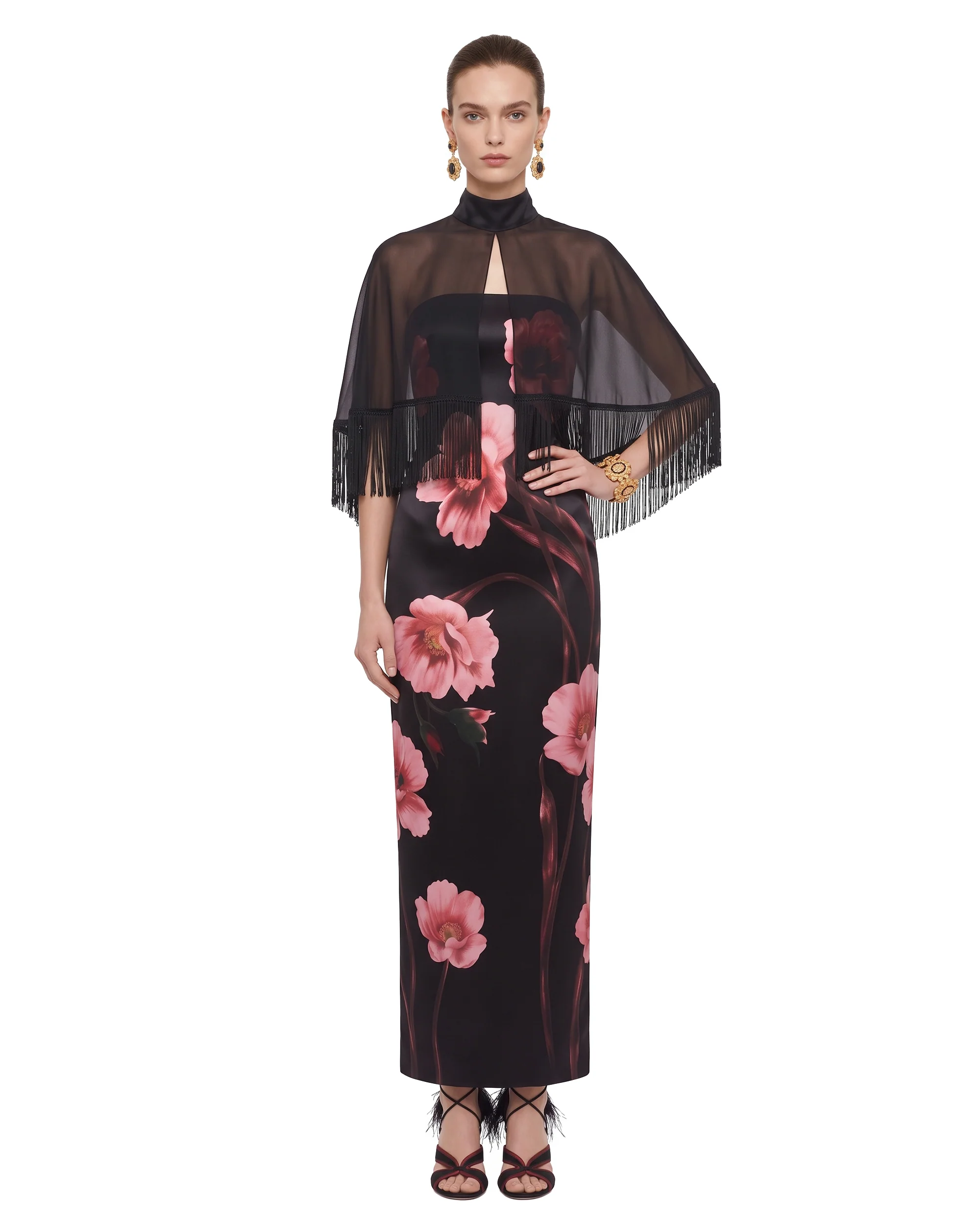 Floral Print Fringed Cape Midi Dress - Black & Pink