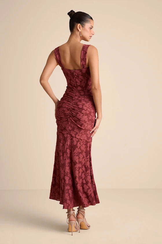 Rust Red Floral Burnout Dress - Corset Dress - Bridesmaid Dress
