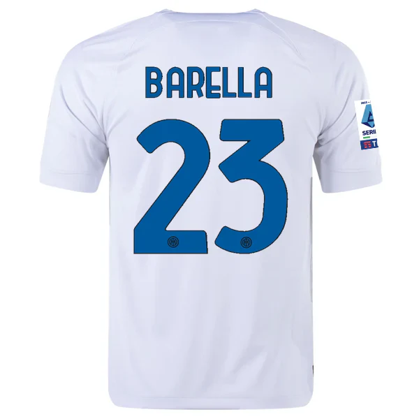 Inter Milan Nicolo Barella Away Jersey w/ Series A + Copa Italia Patches 23/24 (White/Lyon Blue)