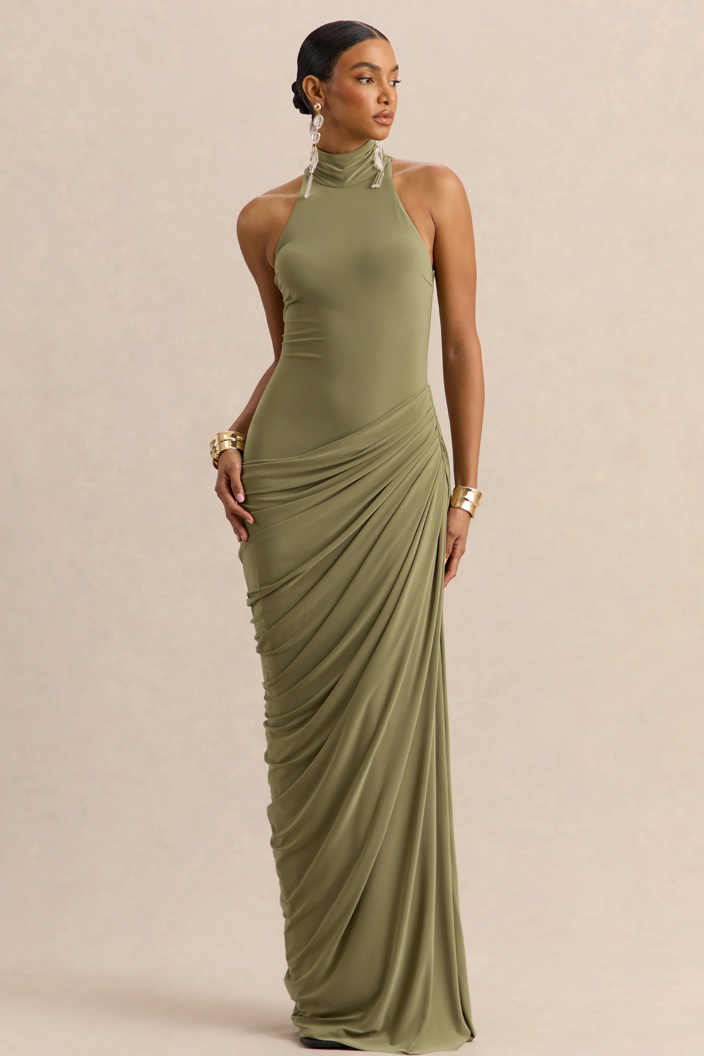 Junelia | Olive Jersey Ruched High Neck Maxi Dress With Draped Skirt