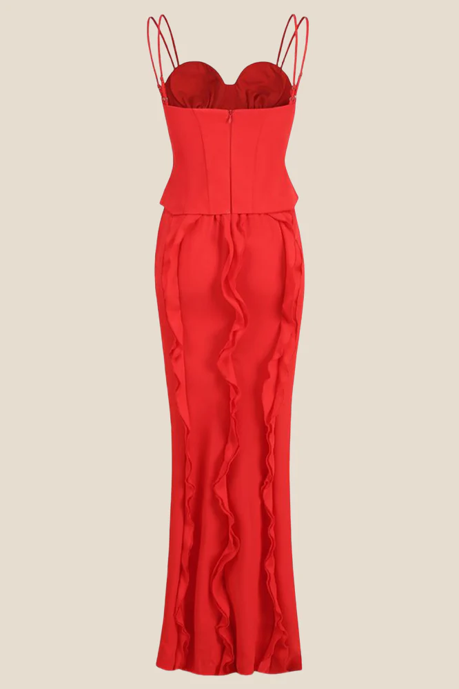 Double Straps Red Ruffle Long Dress with Slit