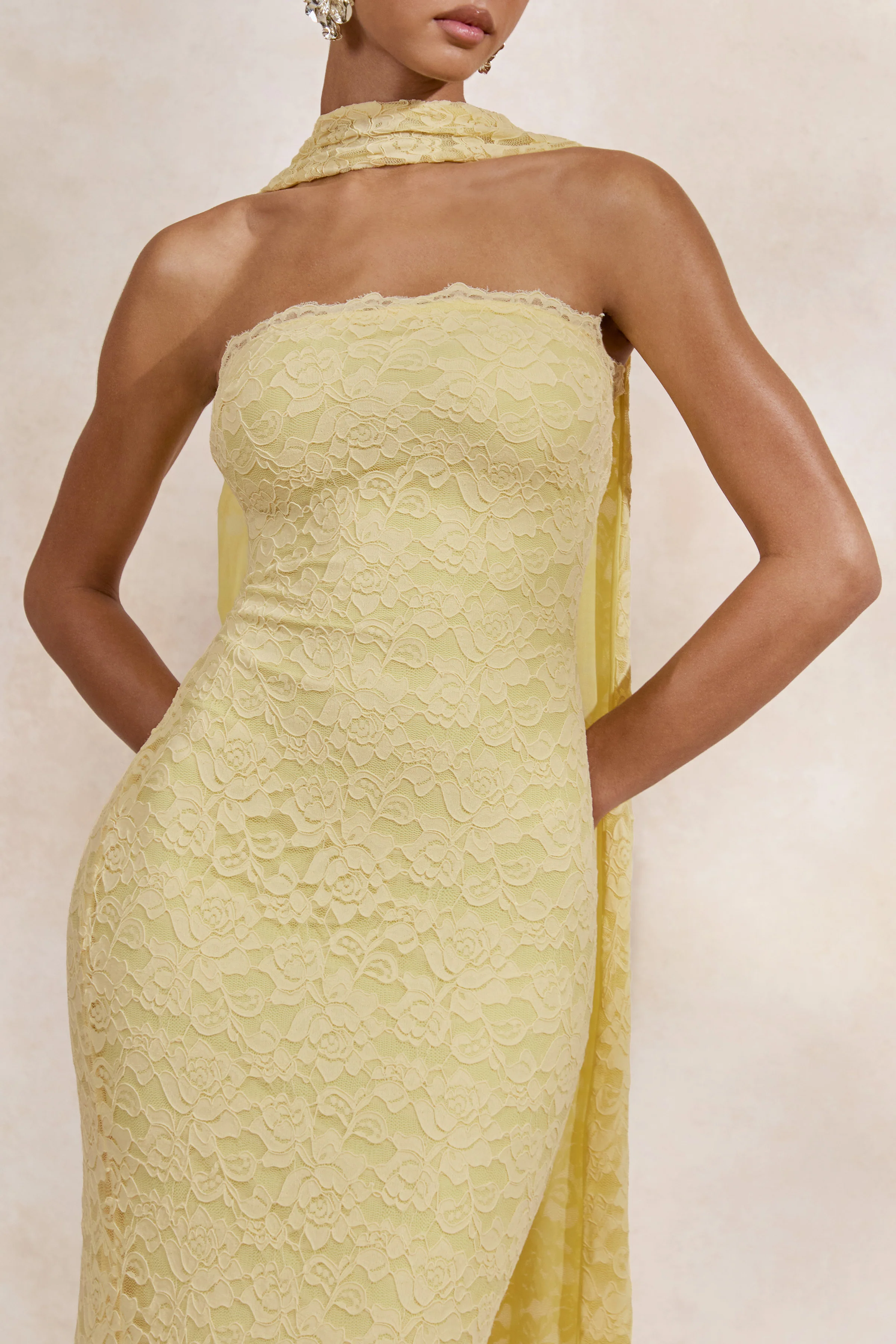 Massima | Lemon Lace Bandeau Maxi Dress With Scarf Detail And Back Split