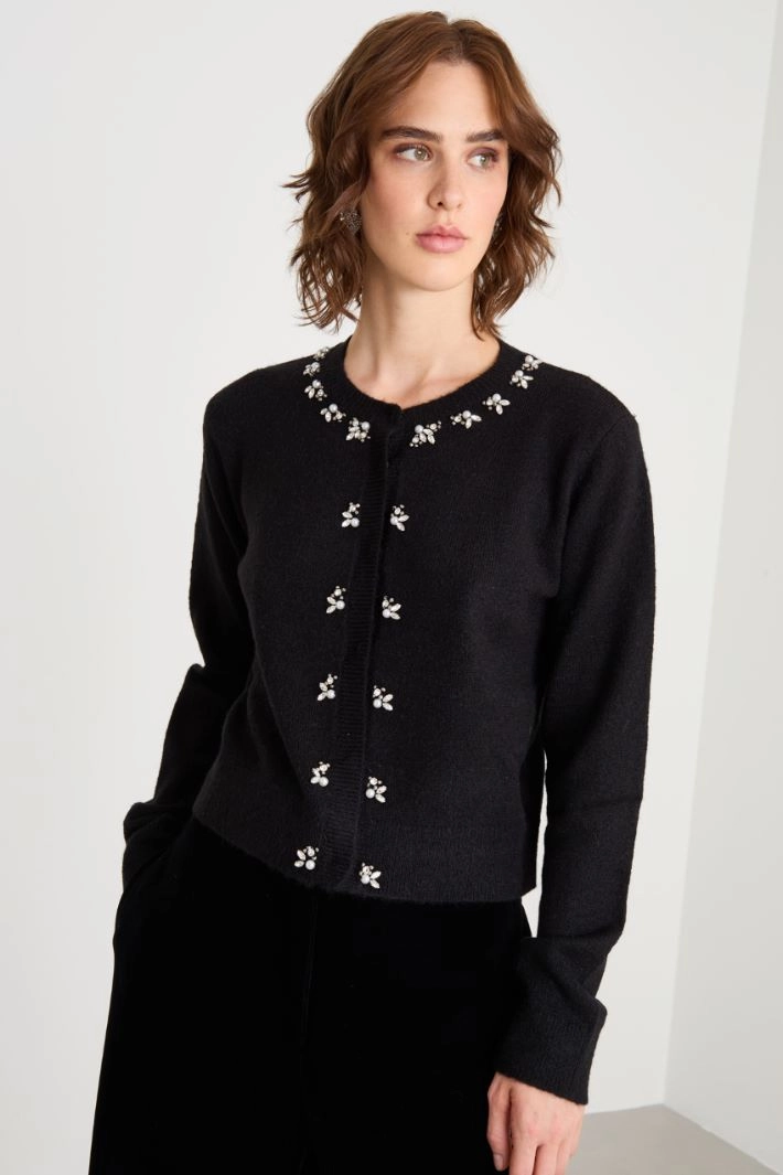 Cardigan with embroidered crystals - BLACK