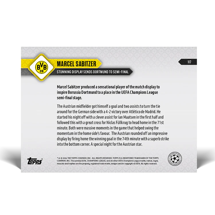 Marcel Sabitzer - Stunning display sends Dortmund to semi final - 23/24 UCL TOPPS NOW® Card 117