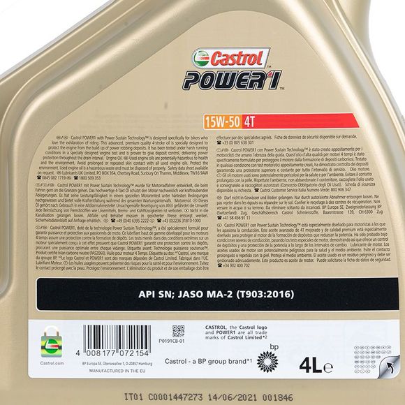 Huile moteur Castrol POWER 1 4T 15W50 4 LITRES UniverselRef : CL0035 / ART-001640