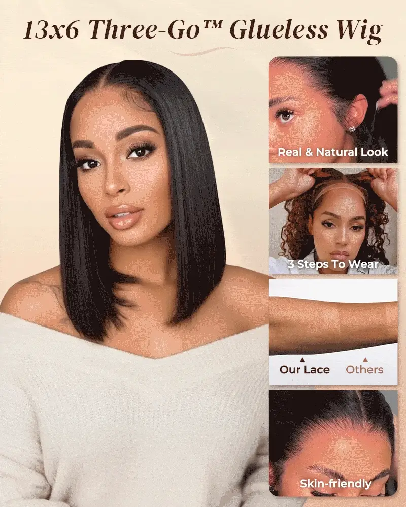 Ophirawig 13x6 Three-Go? 250% Density Straight Bob Invisible Knots Natural Black Glueless Beginner Friendly