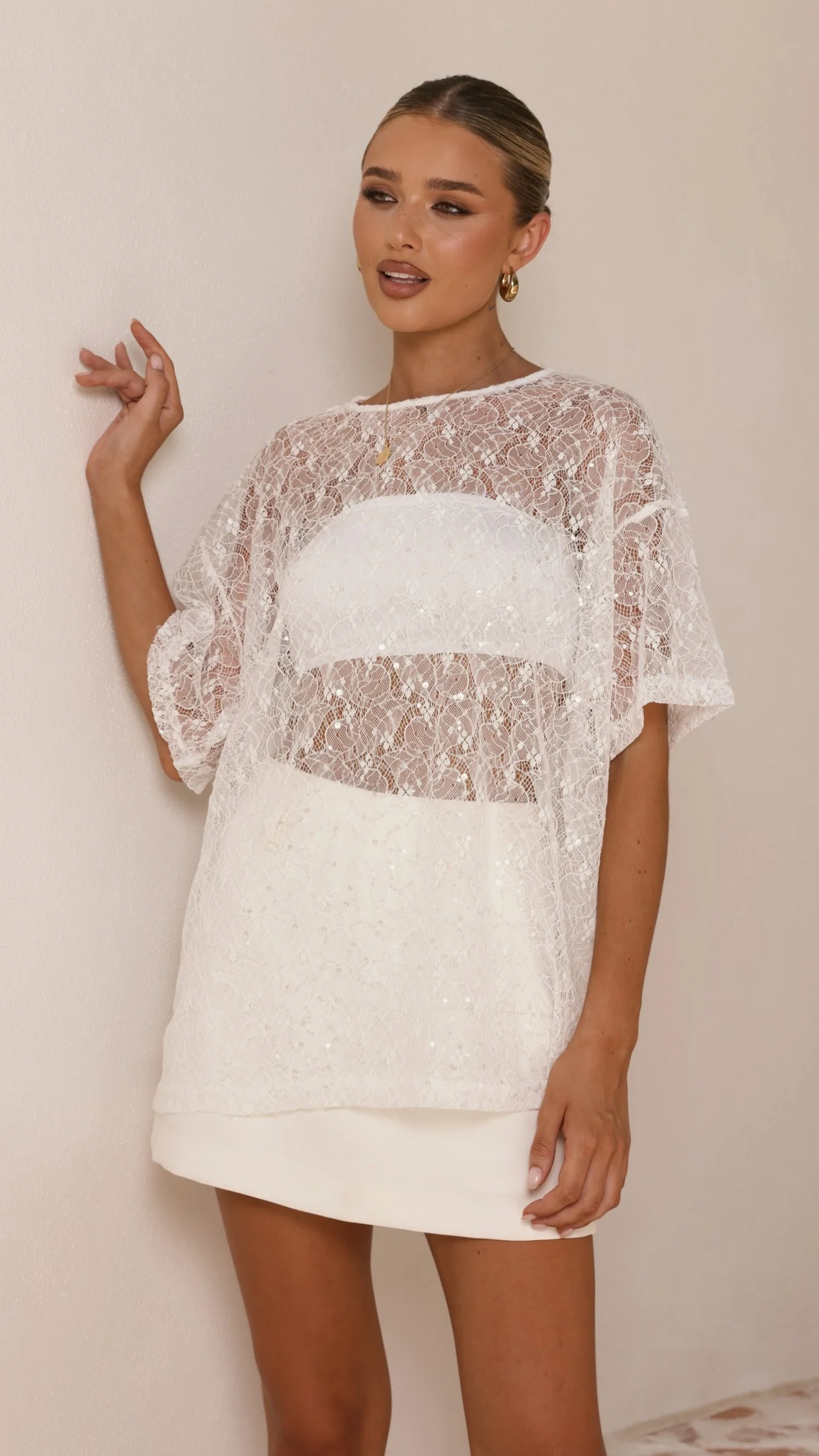 Zebia Sheer Sequin Lace Top - White