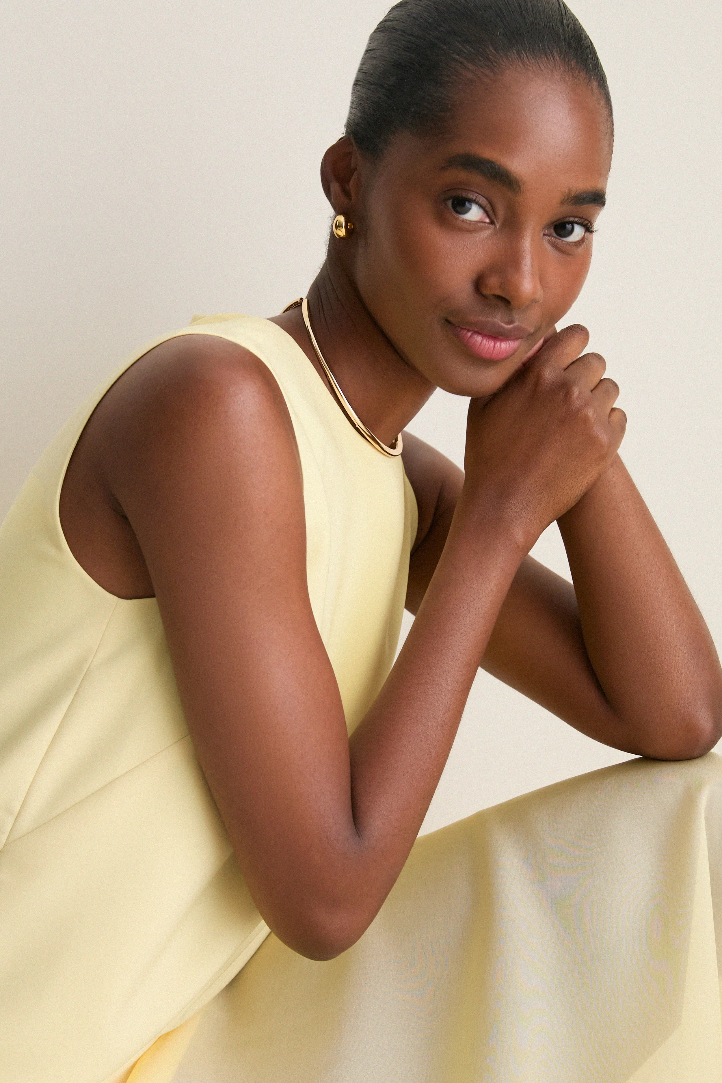 Pale Yellow Bonotto Crepe and Silk Chiffon Dress