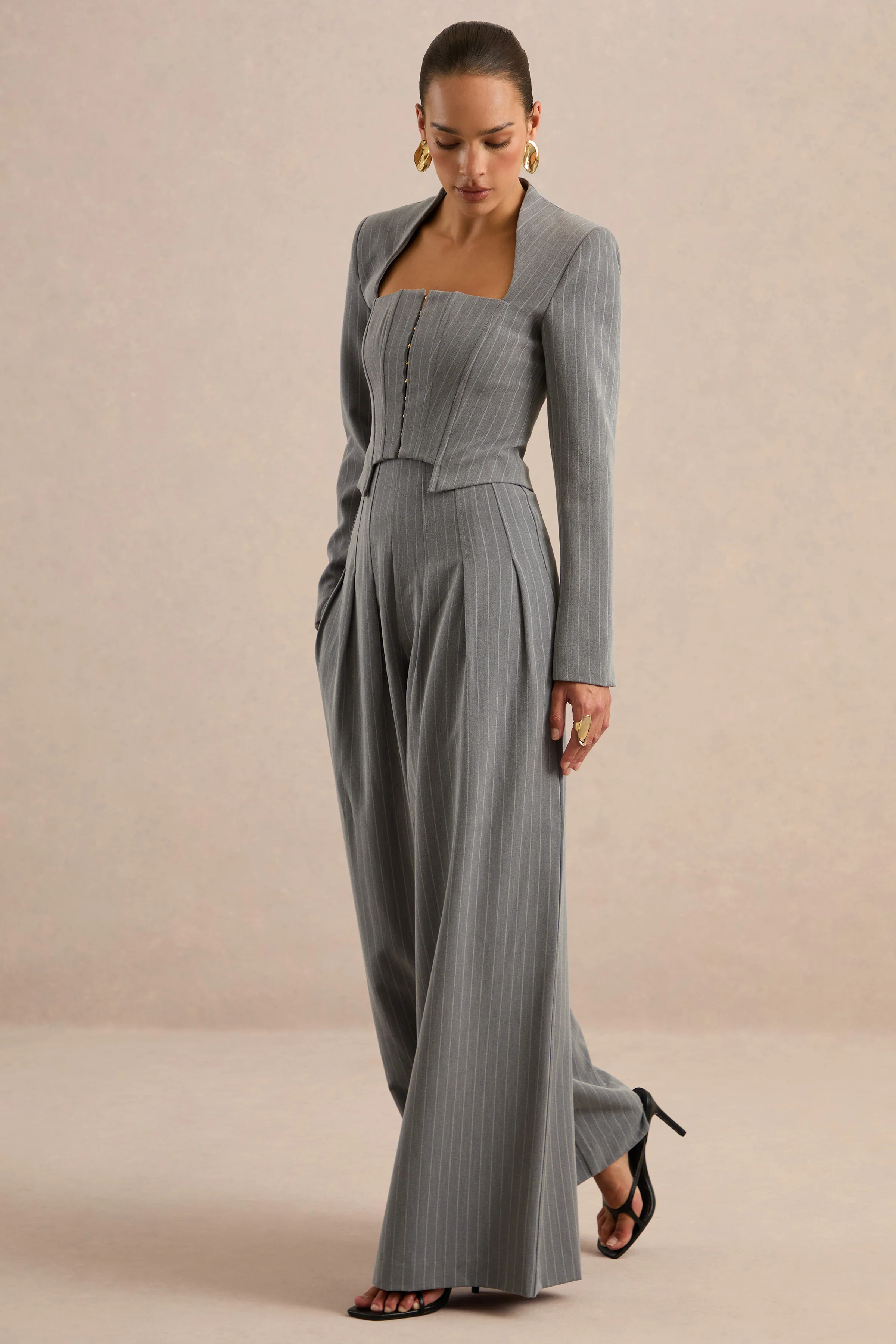 Genara | Grey Pin Stripe High Rise Wide Leg Trousers