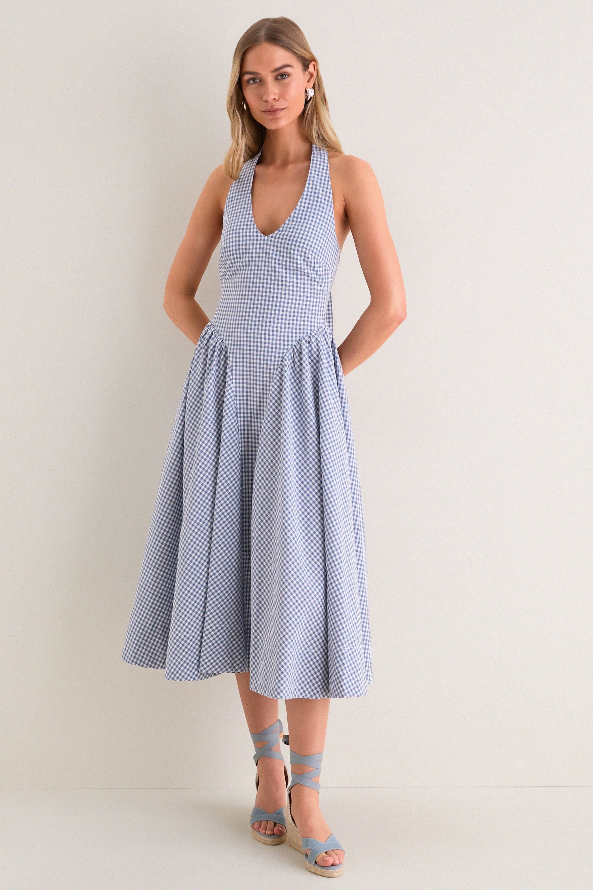 Blue Gingham Meana Halter Midi Dress