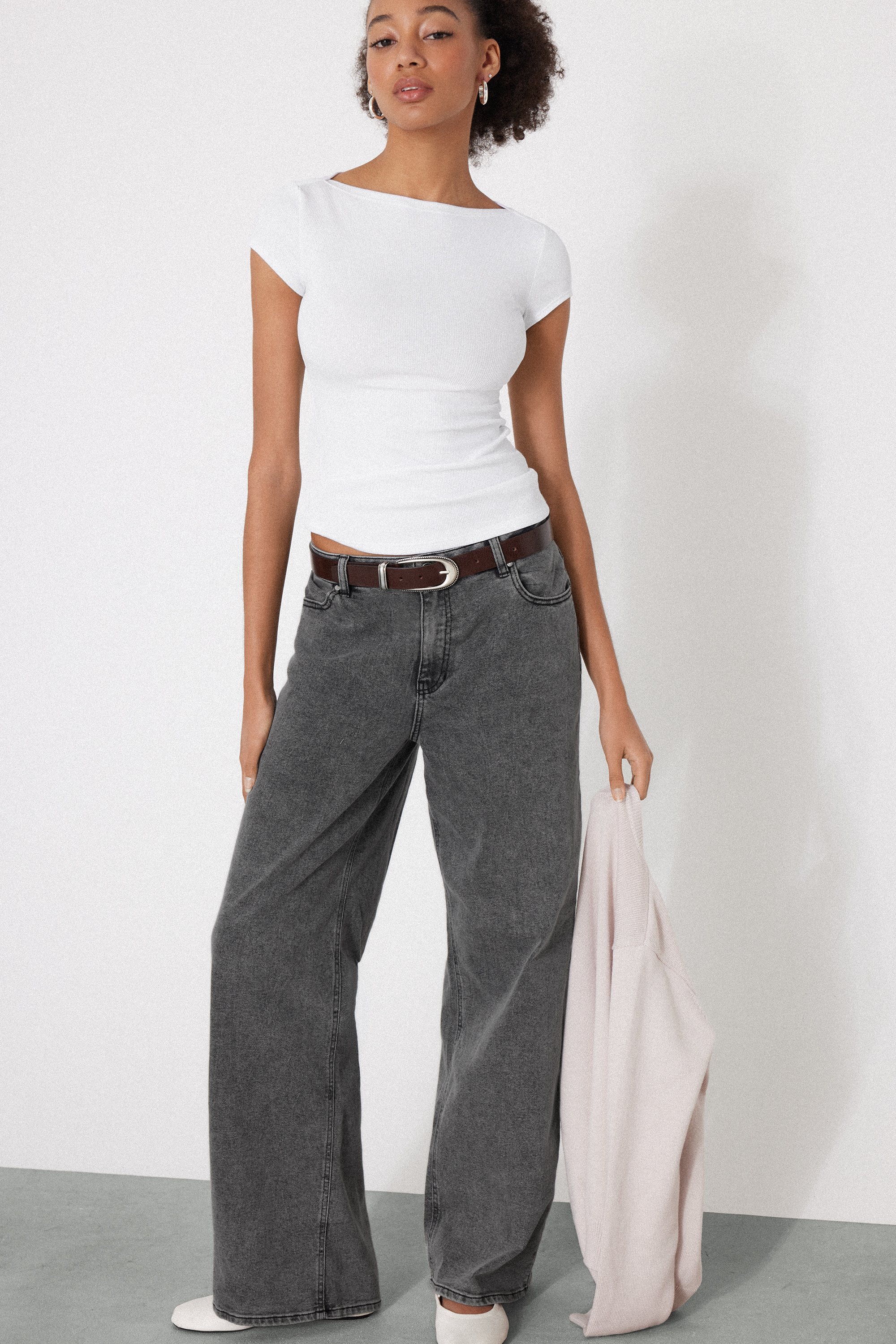 Ribbed Cotton Boat Neck T-Shirt