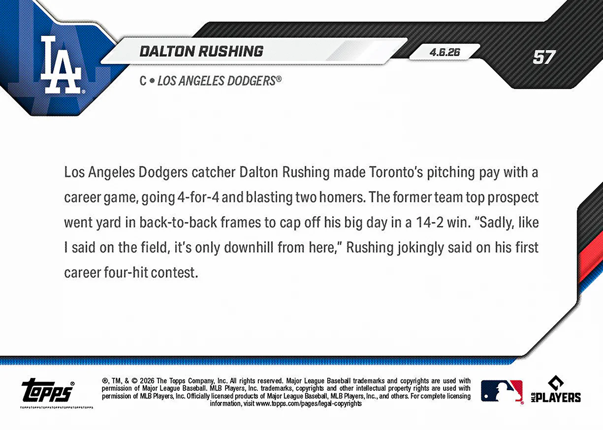 Dalton Rushing - 2026 MLB Topps NOW® - Card 57 - PR: 714