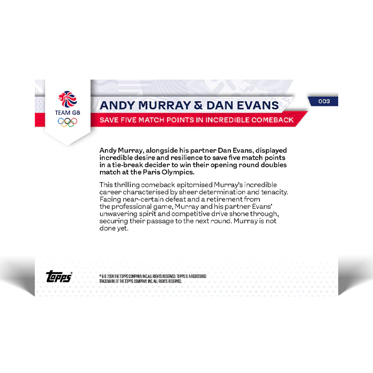 Andy Murray & Dan Evans - Save five match points in incredible comeback - 2024 Team GB TOPPS NOW® Card 3