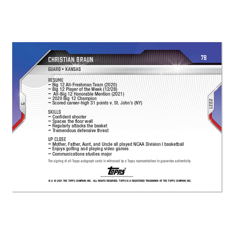 On-Card Auto # to 49 - Christian Braun - 2021 Bowman NEXT TOPPS NOW® Basketball Card 7B
