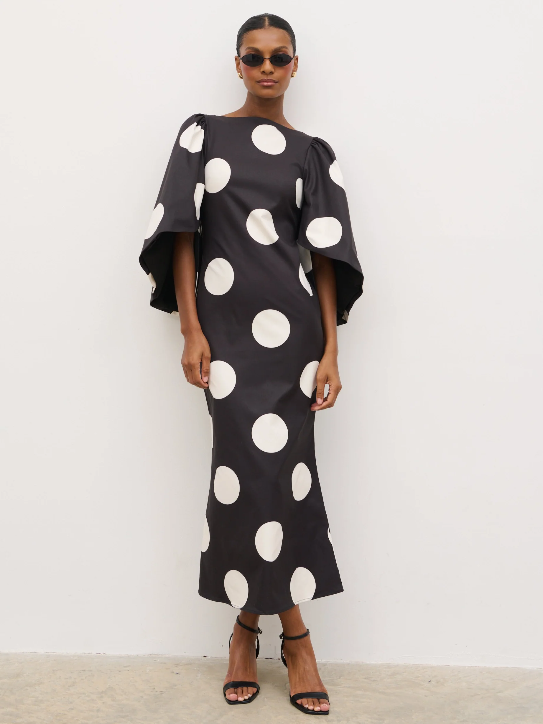 Liora A-Line Midaxi Dress - Black and Cream Polkadot