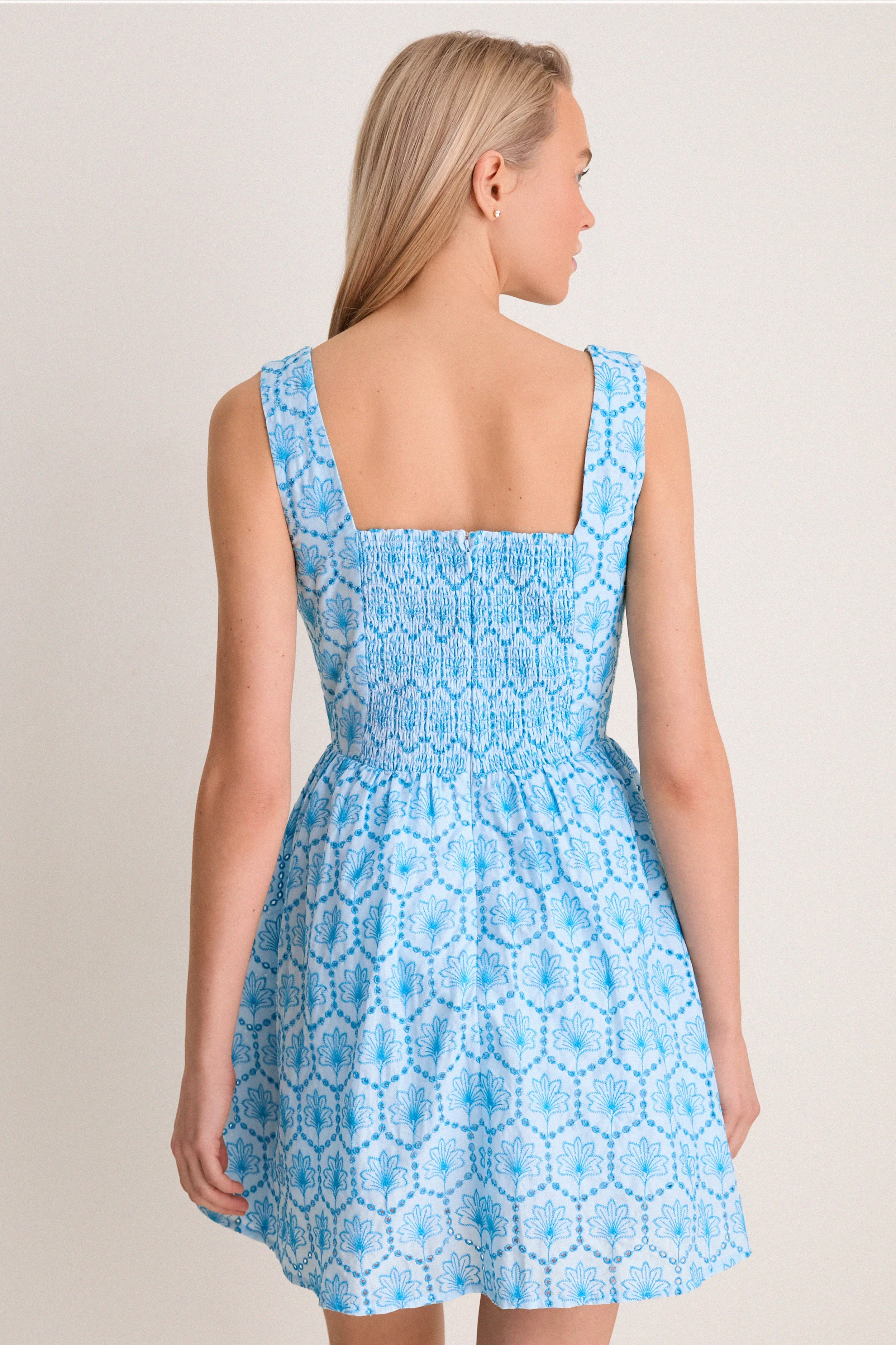 Blue Palm Eyelet Blair Mini Dress