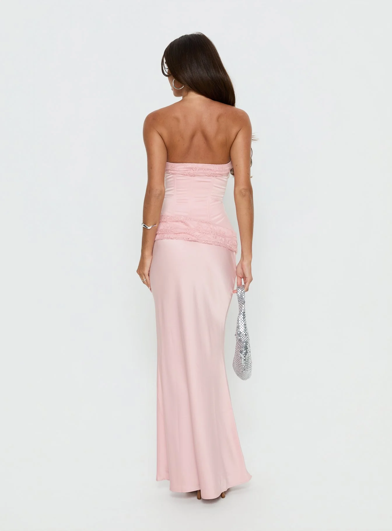 Sura Strapless Lace Detail Maxi Dress Pink