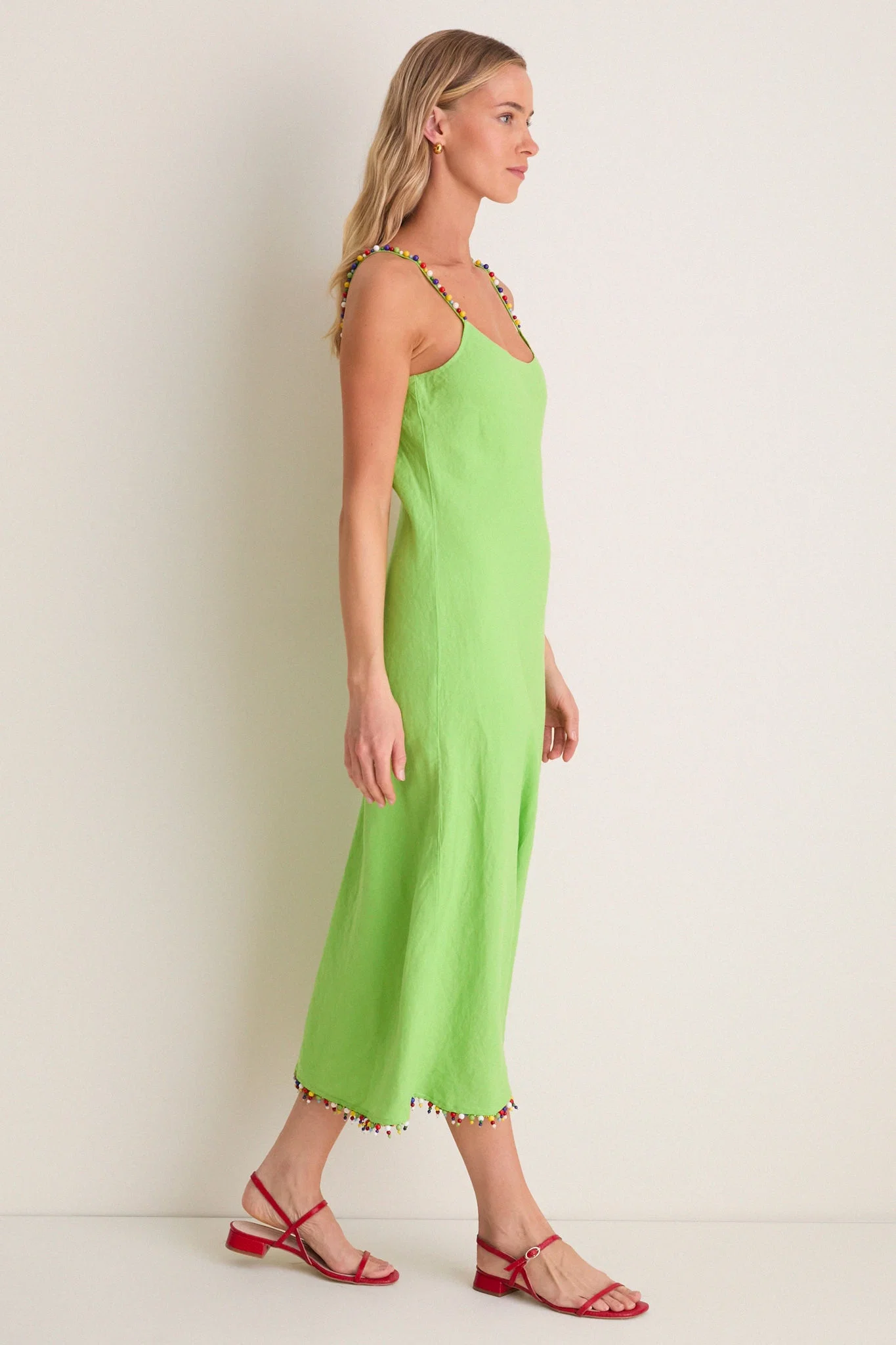 Riviera Green Linen Scoop Neck Beaded Dress