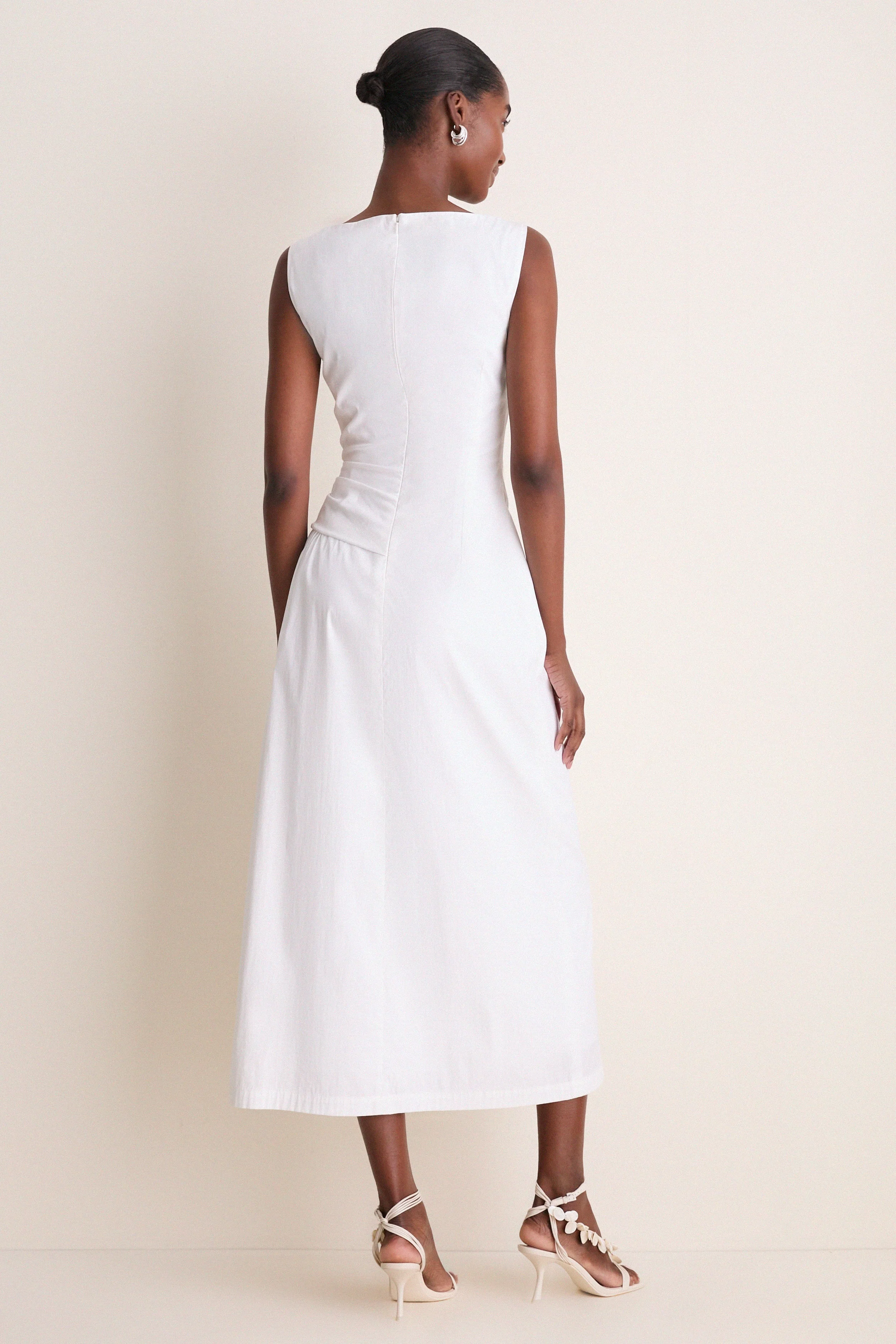 White Cotton Poplin Asymmetrical Flounce Dress