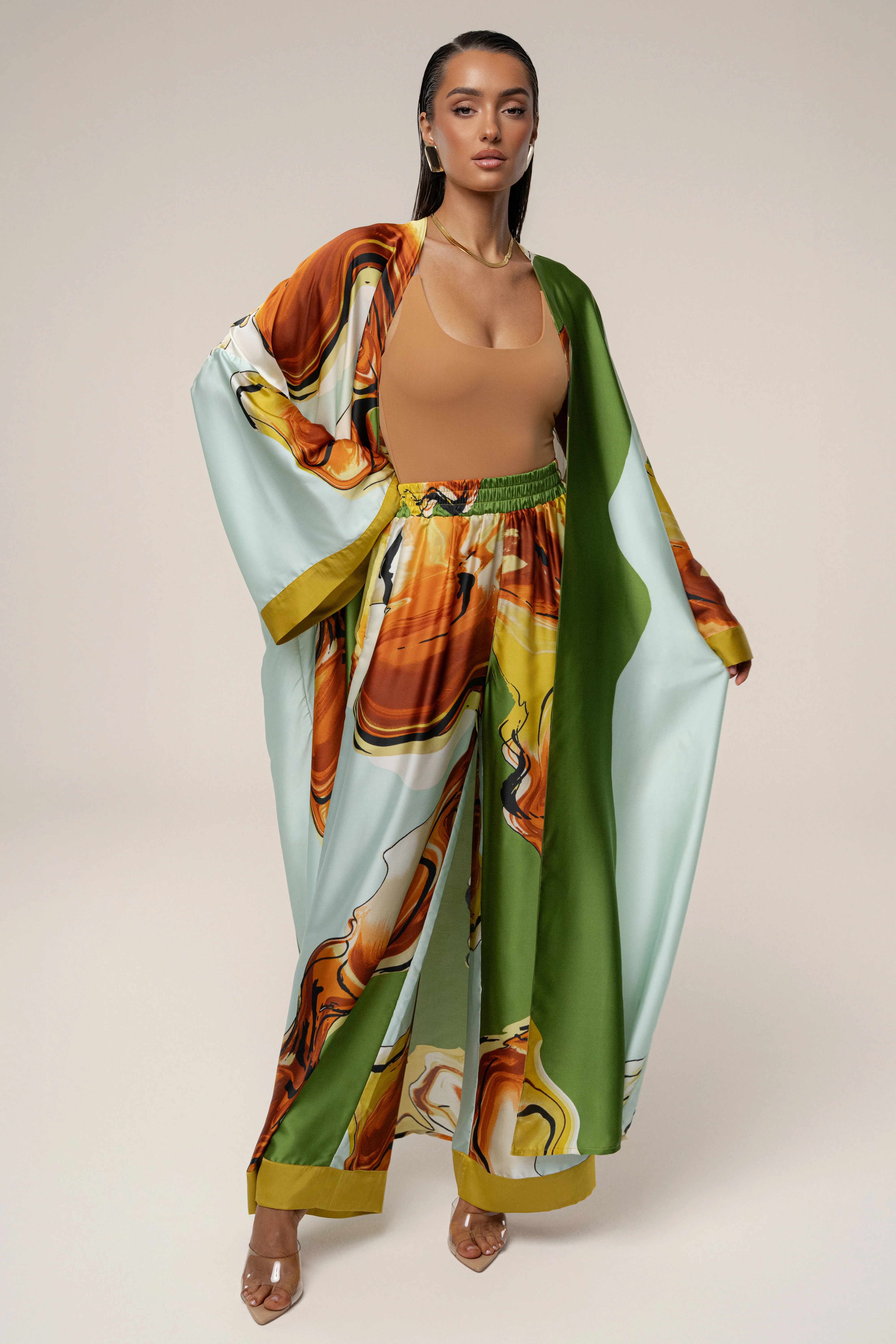 Green Tropical Print Jet Set Wide Leg Pants