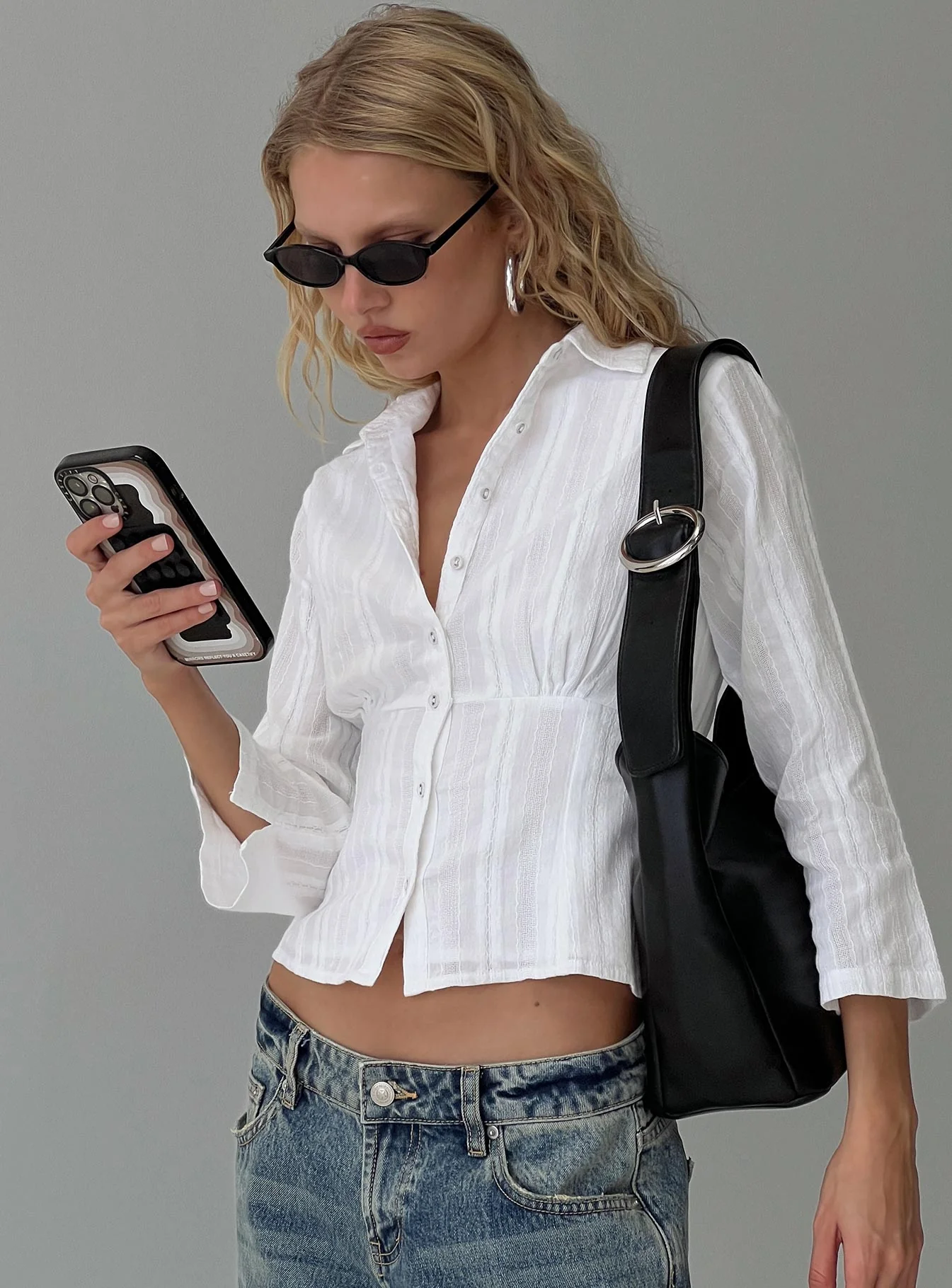 Taelynn 3/4 Sleeve Button Up Shirt White